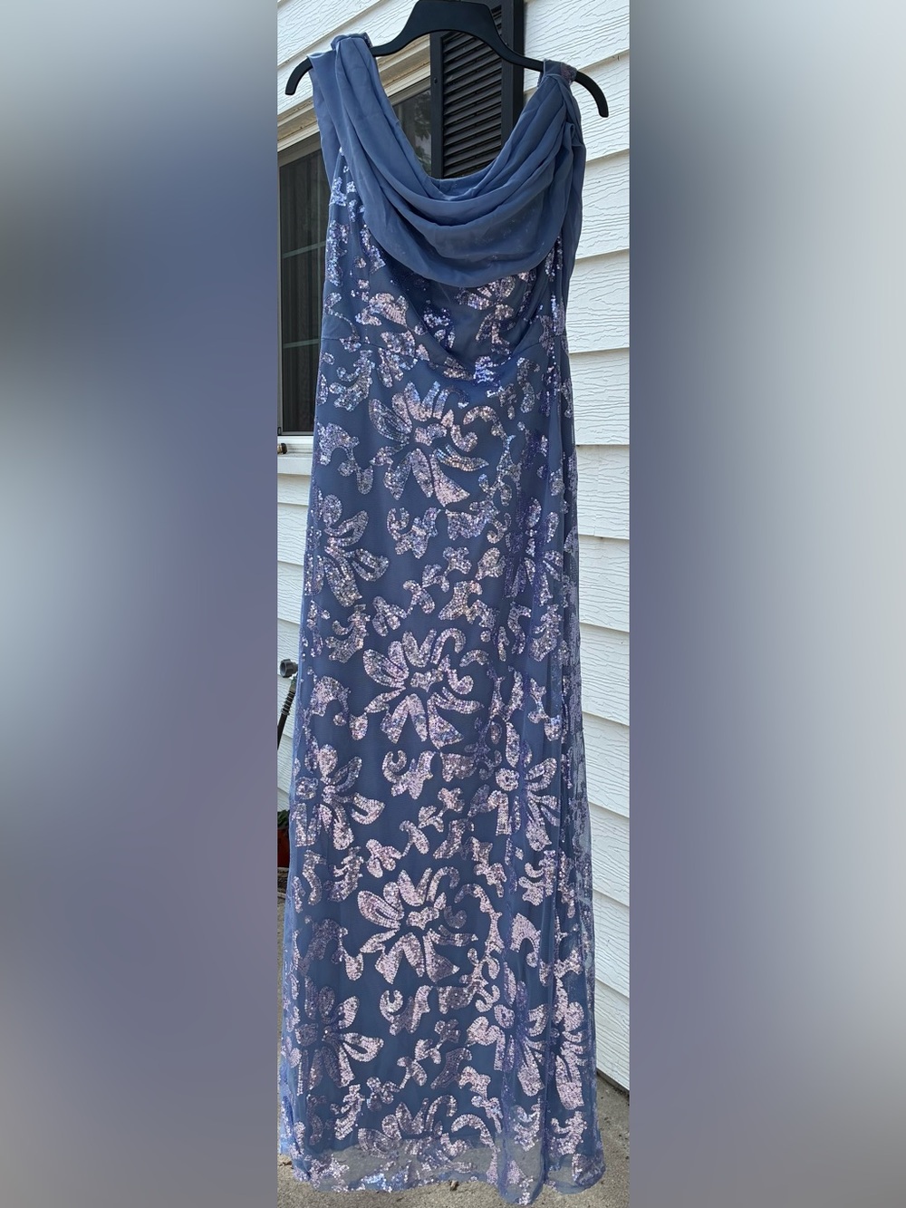 Elegant Navy Blue Floral Sequin Maxi Dress with Draped Cowl Neck